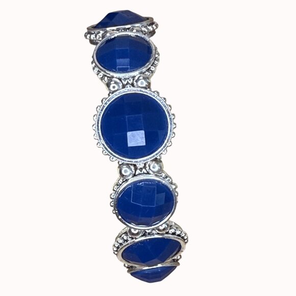 Napier Silver-Tone Stretch Bracelet With Faceted Blue Cabochon Accents - Picture 1 of 9